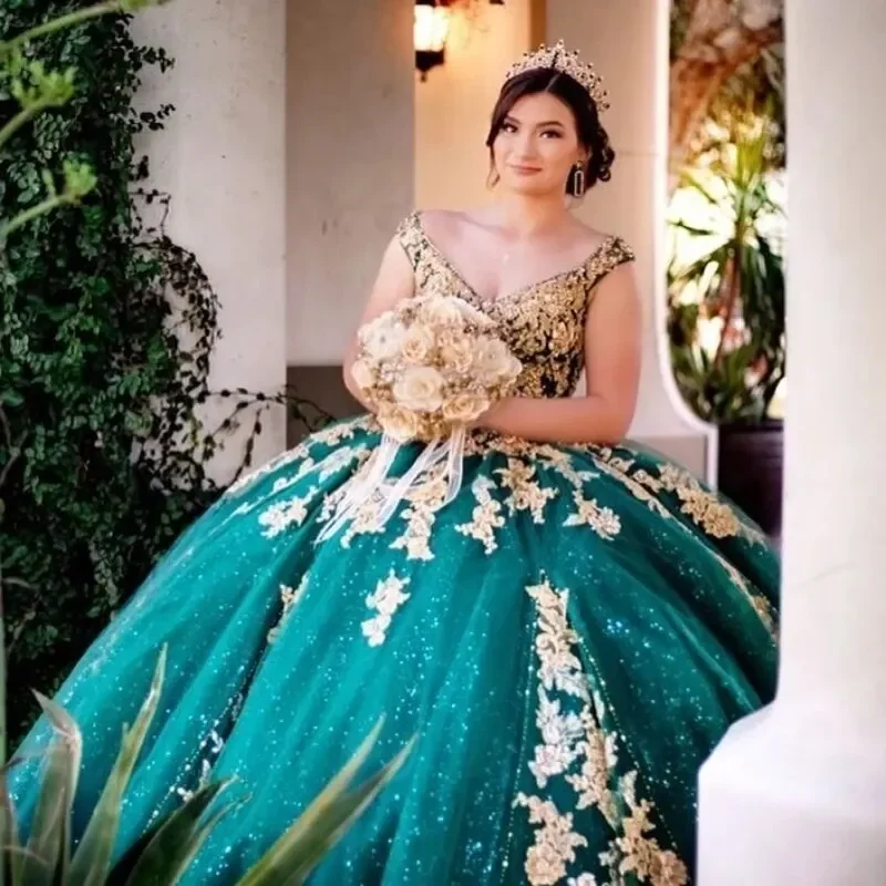 ANGELSBRIDEP-Robe de Quinceanera Boule Émeraude pour Bol, Tenue Éducative avec Appliques, Tenue pour Événements Spéciaux