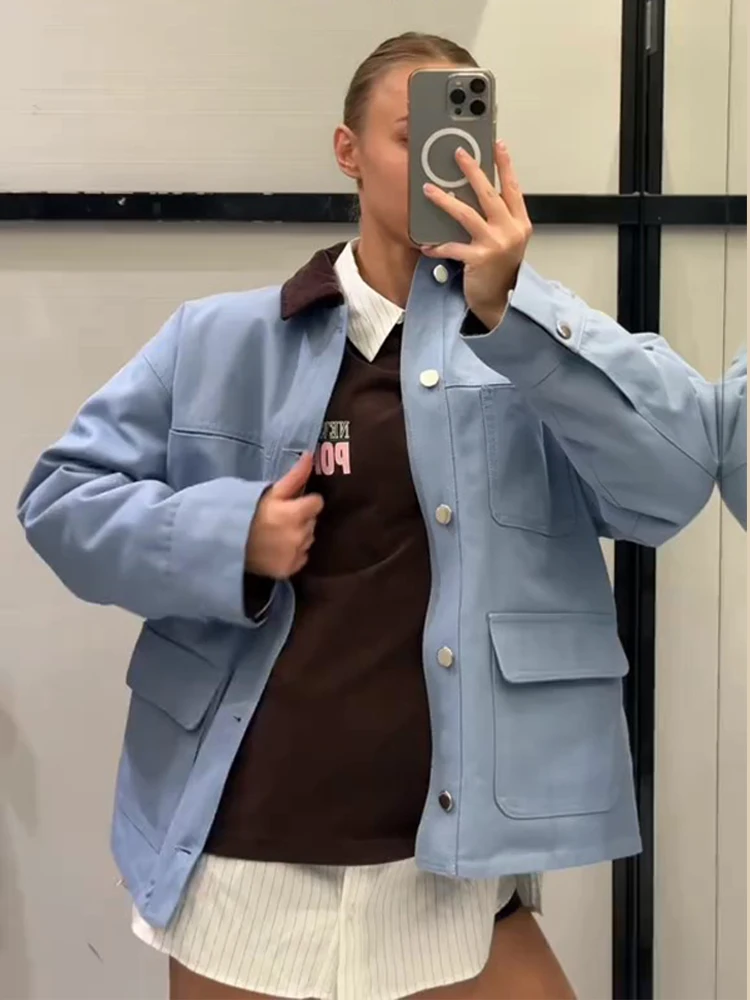 Vintage Multi Pocket Women 's Jackets Casual Lapel Patchwork Single Breasted Full  Sleeve Female Coats  Spring Woman Outwear