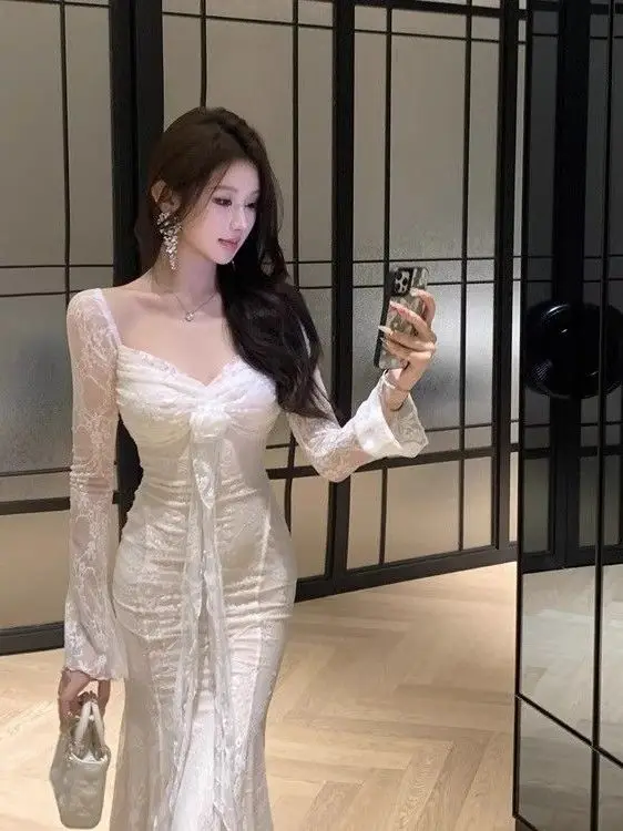 

Ранняя осень, облегающее платье с v-образным вырезом, женское зимнее белое кружевное платье с эластичной талией, облегающее длинное платье