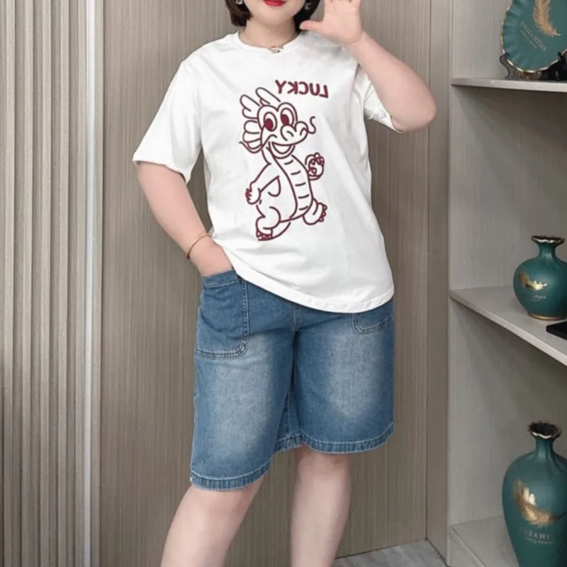 Cotton Short Sleeve T-shirt Women Summer 2024 New Plus Size Loose Casual Lucky Loong Printed Tees