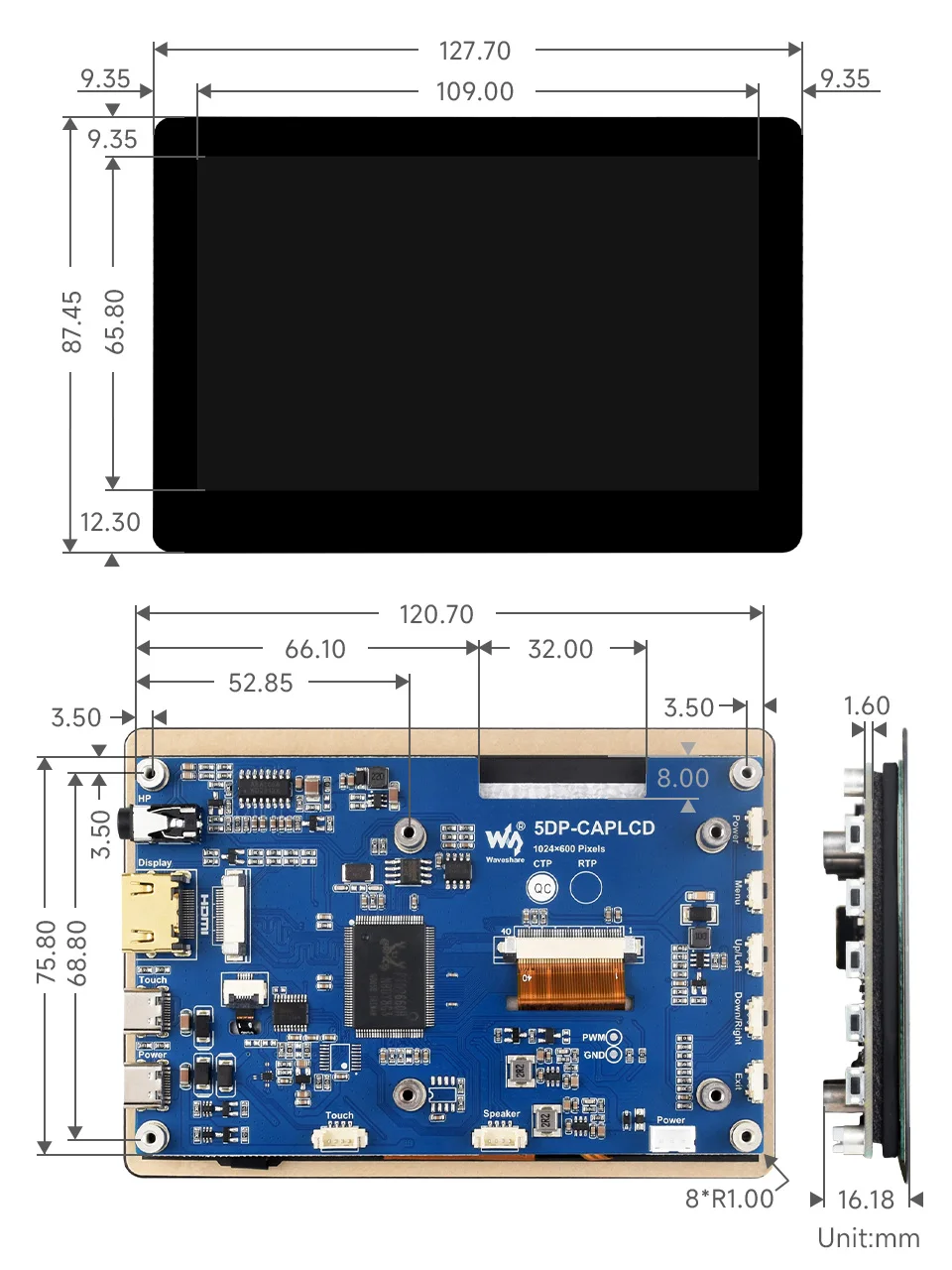 Imagem -06 - Painel de Tela Sensível ao Toque Capacitivo Vidro de Toque Interface Hdmi Painel Ips 5dp-caplcd-b 1024x600 Pixels