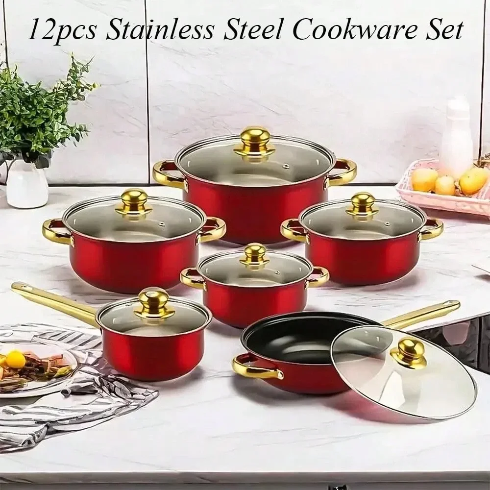 

Piece Cookware Set Nonstick Pots And Pans Home Kitchen Cooking Non Stick, Classic Design, Glass Cover, Stainless Steel Handle,