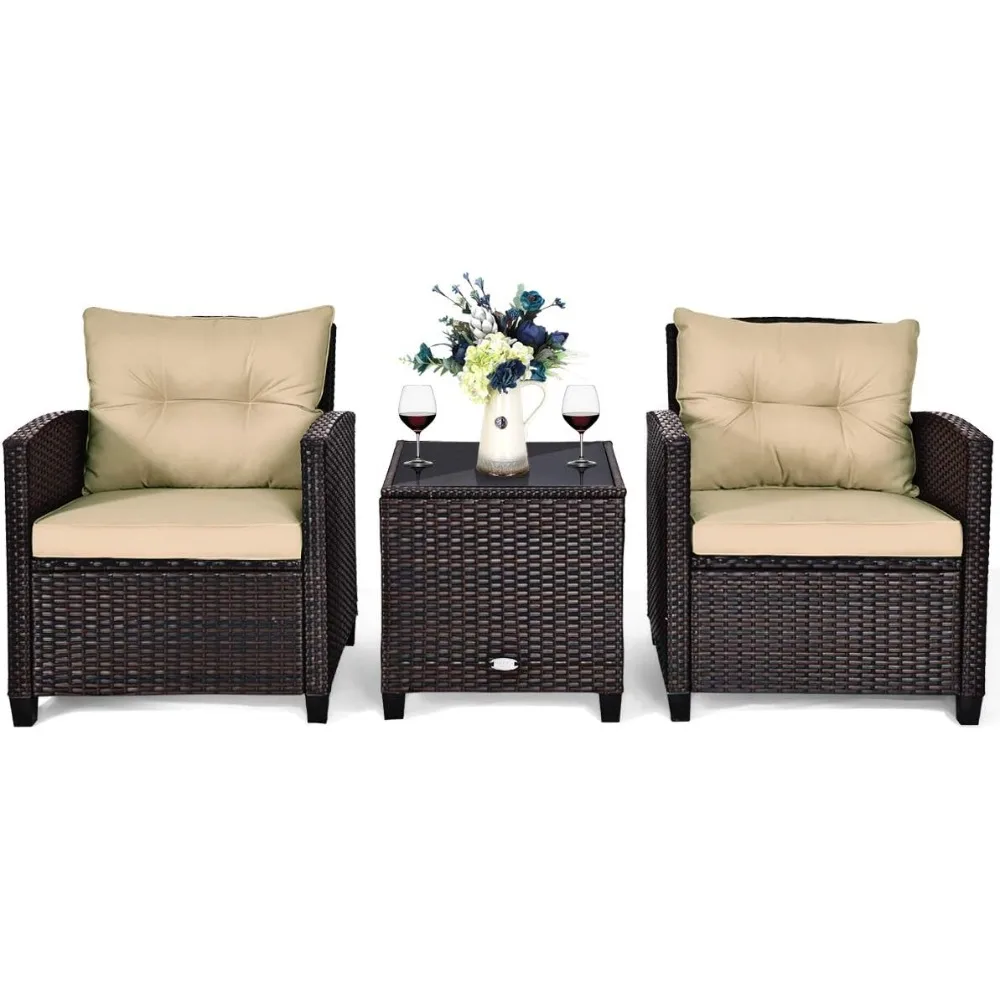 

3 PCS Patio Furniture Set, Outdoor PE Rattan Wicker Conversation Sofa Set w/Washable Cushion and Tempered Glass Tableto