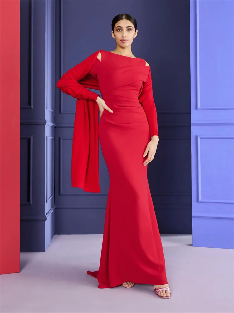 

Hot Selling Asymmetrical Neckline Short Sleeve Mermaid Evening Dress Elegant Back Zipper Floor Length Sweep Train Gown For Women