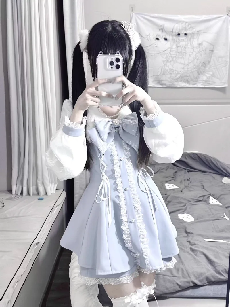 

Japanese Original Design Mass-produced Mine-tie Long-sleeved Bow Lace Slim-fit Top Dress and Base Shorts Two Piece Set