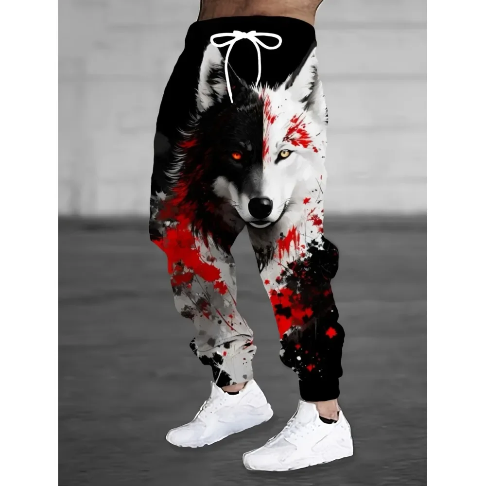 Animal Wolf Printed Fashion Pants Men's Side Pockets Elastic Drawstring Sweatpants Joggers Pants Casual Trousers Fall Winter