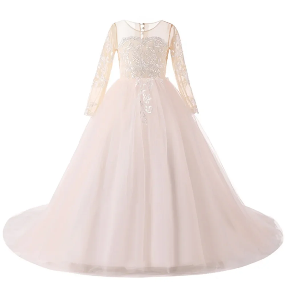 

Customized Flower Girl Dresses Light Pink Tulle White Appliques Long Sleeve For Wedding Birthday Party Holy Communion Gown