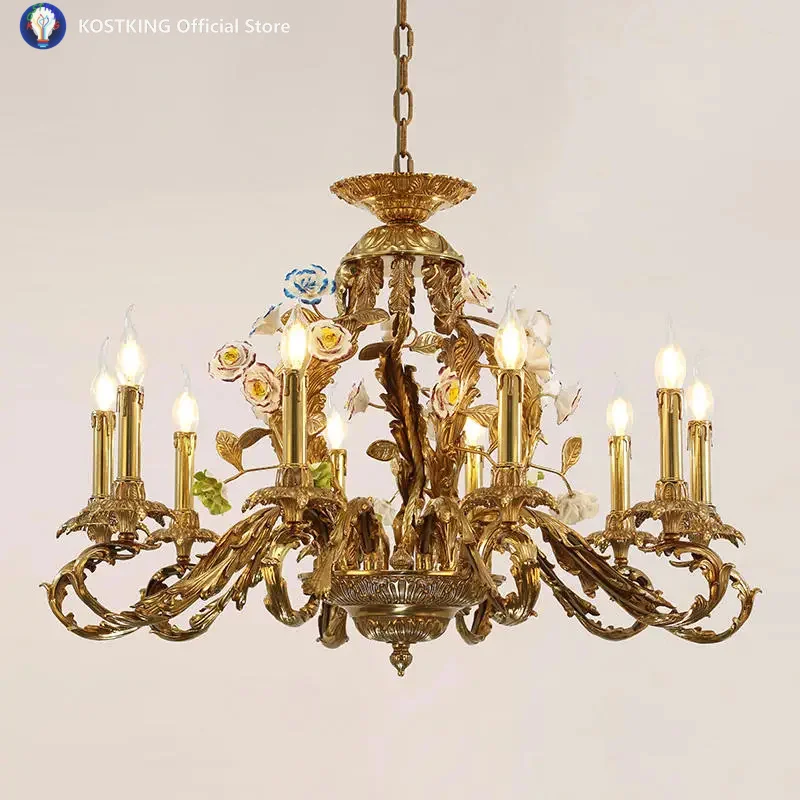 French Style Brass Gold Lighting for Wedding Hanging Branch Pendant Lamp Suspension Luminaire Porcelain Flower Plant Chandelier