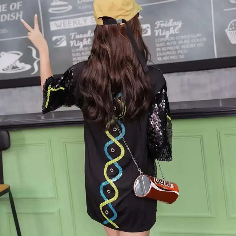 #0206 Summer Long T Shirt Women Loose O-neck Streetwear Sequined T Shirt Short Sleeve Split Joint Hip Hop T-shirt Femme Letters