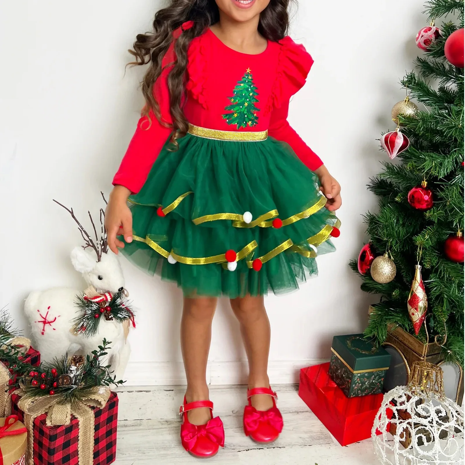 فستان أطفال جديد لعيد الميلاد لعام 2025 بأكمام كاملة فساتين كرتونية لطيفة مكشكشة ترتر هدية عيد الميلاد للفتيات ملابس حفلات الأميرات