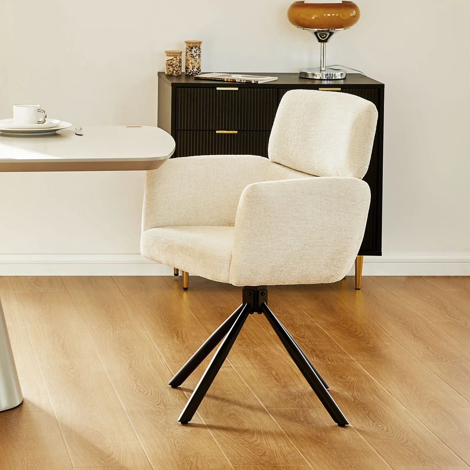 Chenille-Stoff Gepolsterter 1er-Set Esszimmerstuhl, 360 ° Drehbarer Akzentstuhl für Küche und Wohnzimmer