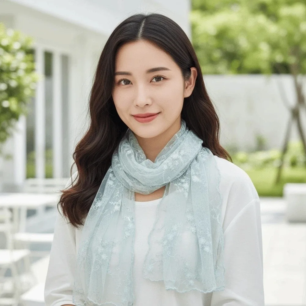 Fashion Breathable Spring Silk Scarf Polyester Silk Embroidered Flower Shawl Lightweight Quick-drying Lace Thin Headscarf Women