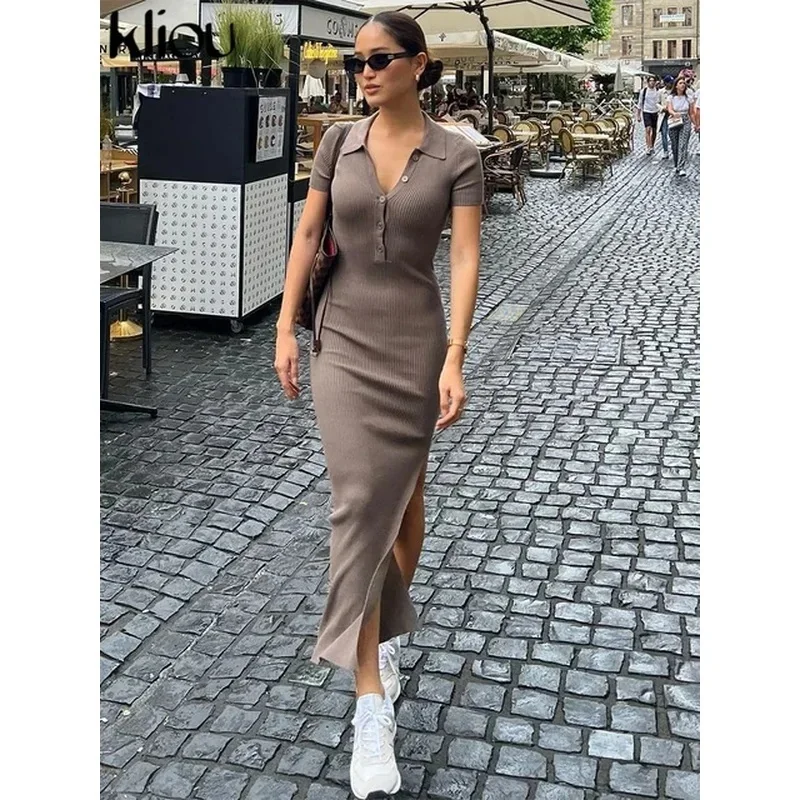 Elegant Office Lady Maxi Dress Women Solid Fashion Turn-down Collar Short Sleeve Button Side Slit Body-Shaping Street Robe