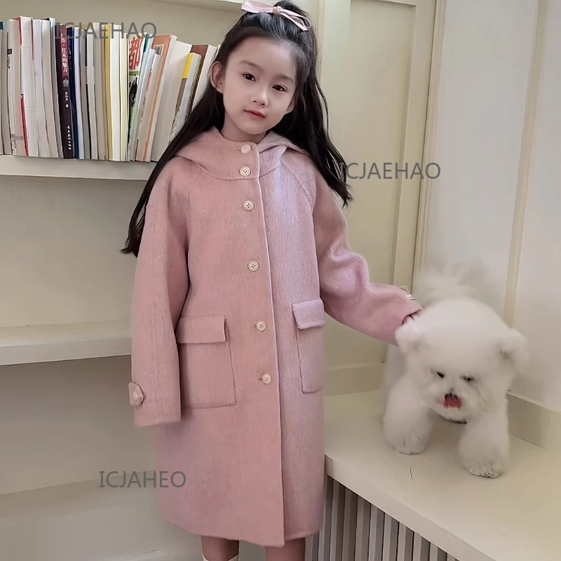 Teen Girl Clothes Kids Wool Double Faced Costume Girls Peach Pink Long Hooded Coat Children Handmade Matching Winter Outerwear