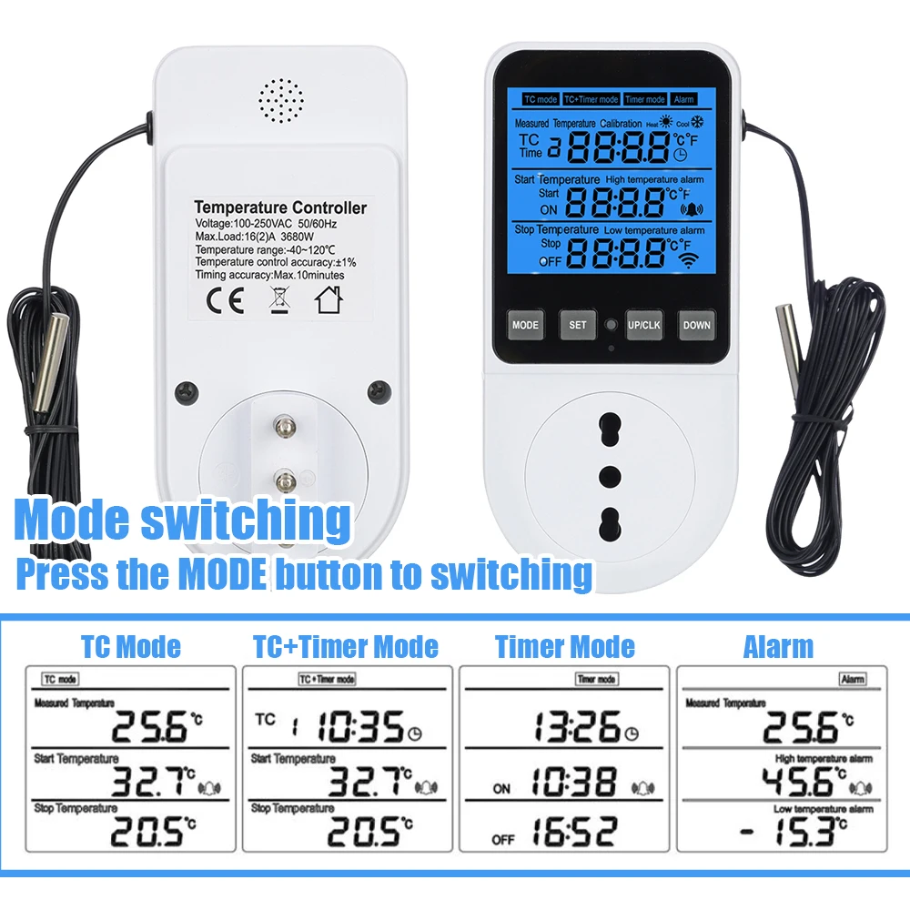 Newest Digital Temperature Controller Socket Outlet EU/US Plug Thermostat With Timer Sensor Probe Heating Cooling Switch 10-16A