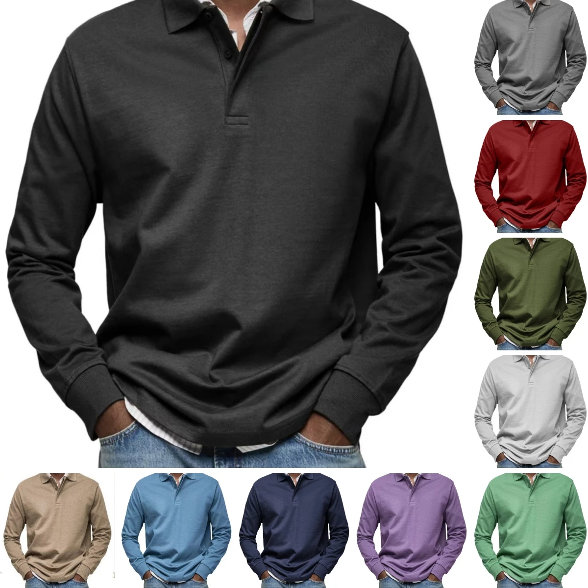 

Мужские рубашки поло с длинным рукавом, однотонные, повседневные, с отложным воротником, мужские офисные футболки с воротником на пуговицах и лацканами, футболки, топы