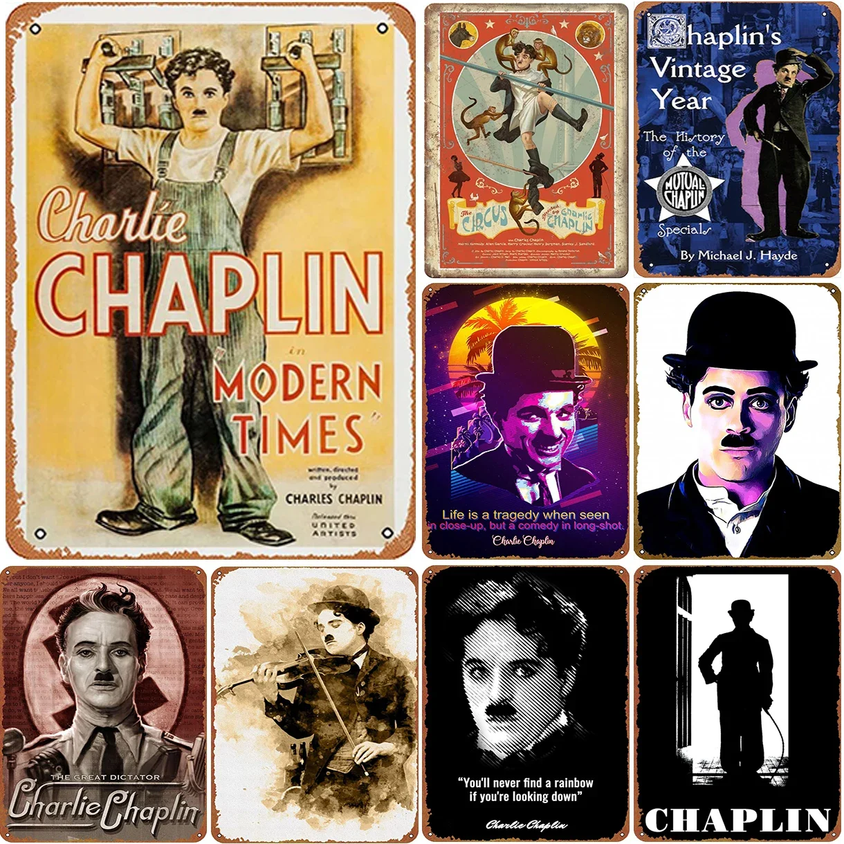 Charles Chaplin Metal Tin Signs Vintage Plaque Plate Retro Wall Art Posters for Home Cafe Bars Pubs Iron Painting Decoration