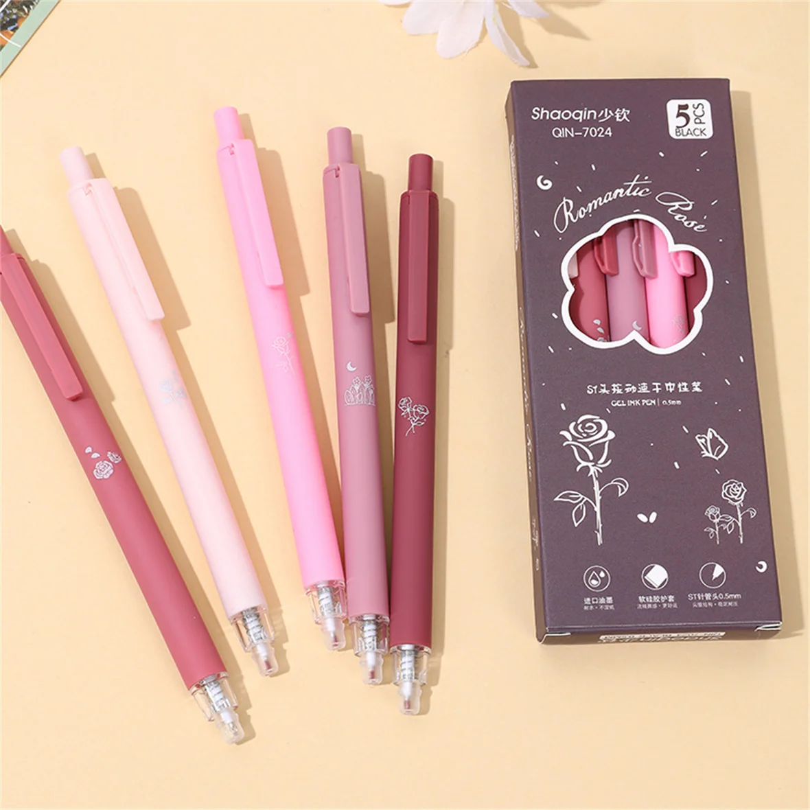 5pcs Same Color Series Gel Ink Pen Set ST Pen Tip Black Ink Quick Dry Pen Press Action Neutral Pen School Supplies Office Gift