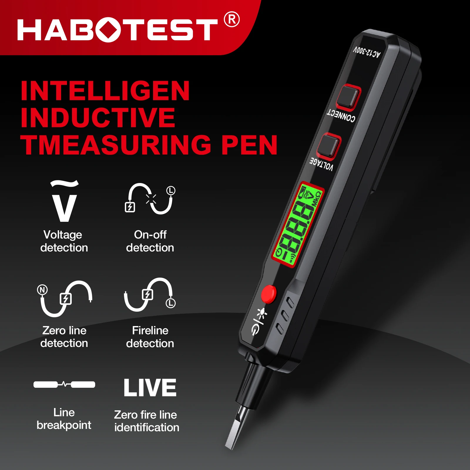 HABOTEST HT89  Voltage Tester Pen Type AC Voltage Detector 12V-300V Non-Contact and Contact Voltage Pen Live/Null Wire Test