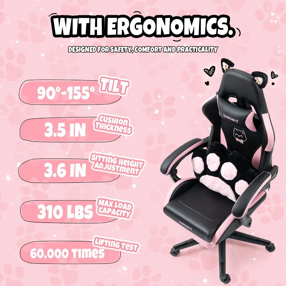 2023 New Gaming Chair with Cat Paw Lumbar Cushion and Cat Ears, Ergonomic Computer Chair with Footrest