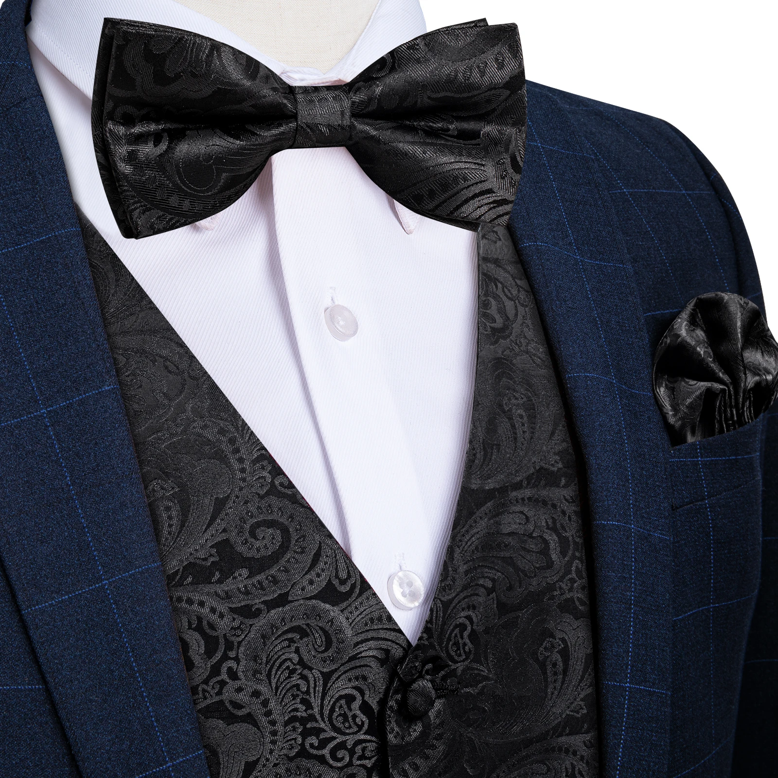 Formal Party Wedding Men Tuxedo Waistcoat Black Paisley Men's Suit Vest Classic Blazer Bow Tie Pocket Square Set Man Accessories