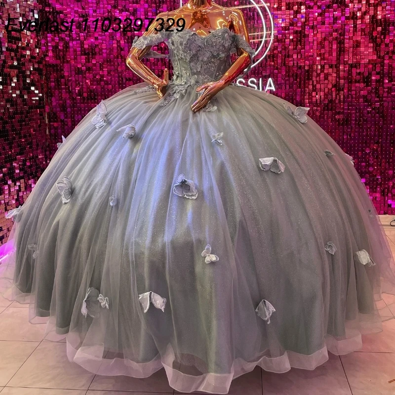 

Блестящее Серебряное платье EVLAST для Quinceanera 2024, бальное платье, мексиканское милое мексиканское платье с бисером 16, 15 лет TQD415