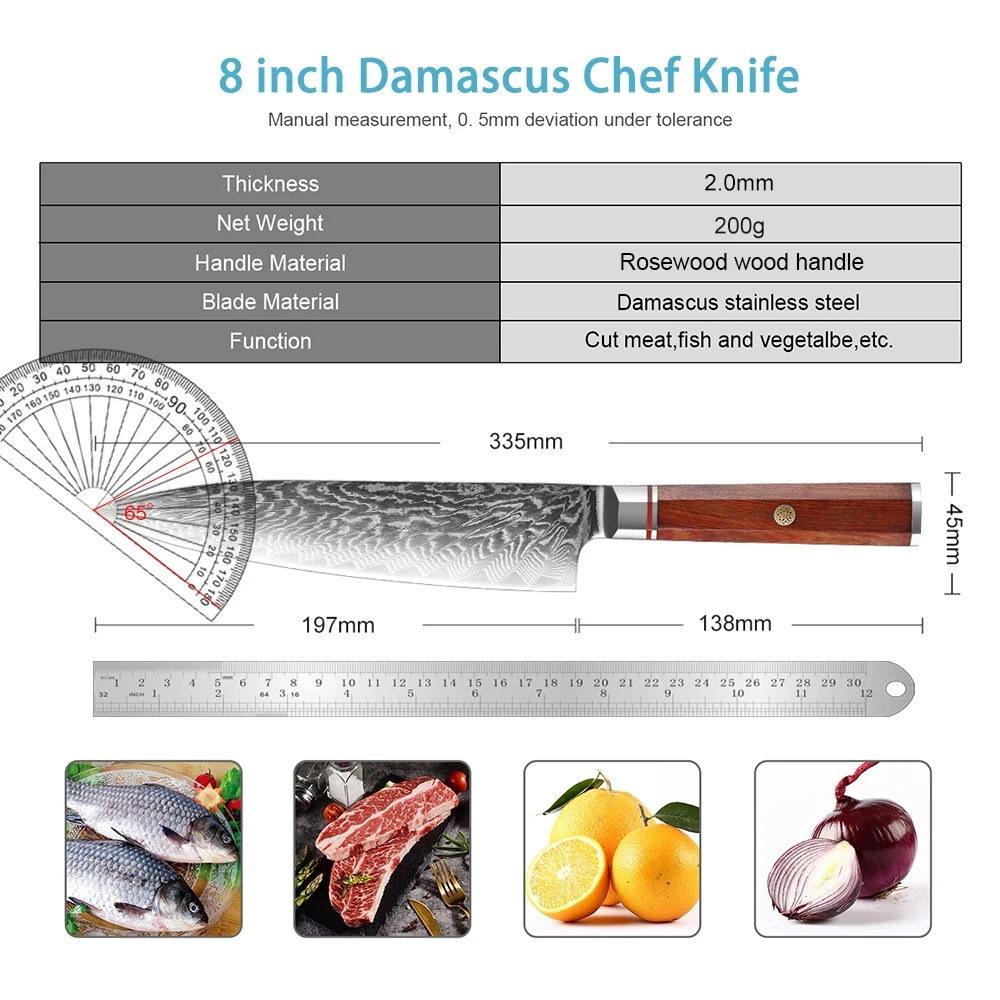 Sharp Chef Knife 8 Inch Damascus VG10 Steel Kitchen Knife Pro Cooking Knife Meat Cutting Gyuto Chef Knife Octagonal Handle