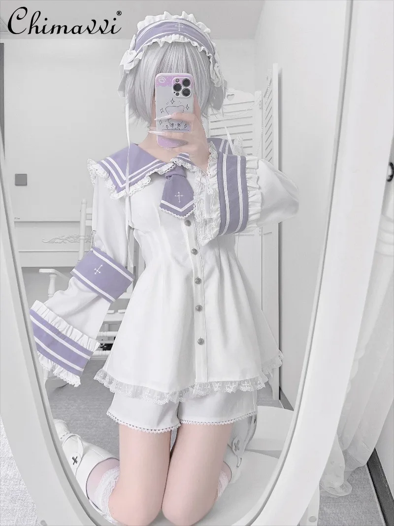 

Original Japanese Style Square Collar Small Tie Shorts Set Subculture Mine Armband Long Sleeve Top + Shorts Lolita Two-Piece Set