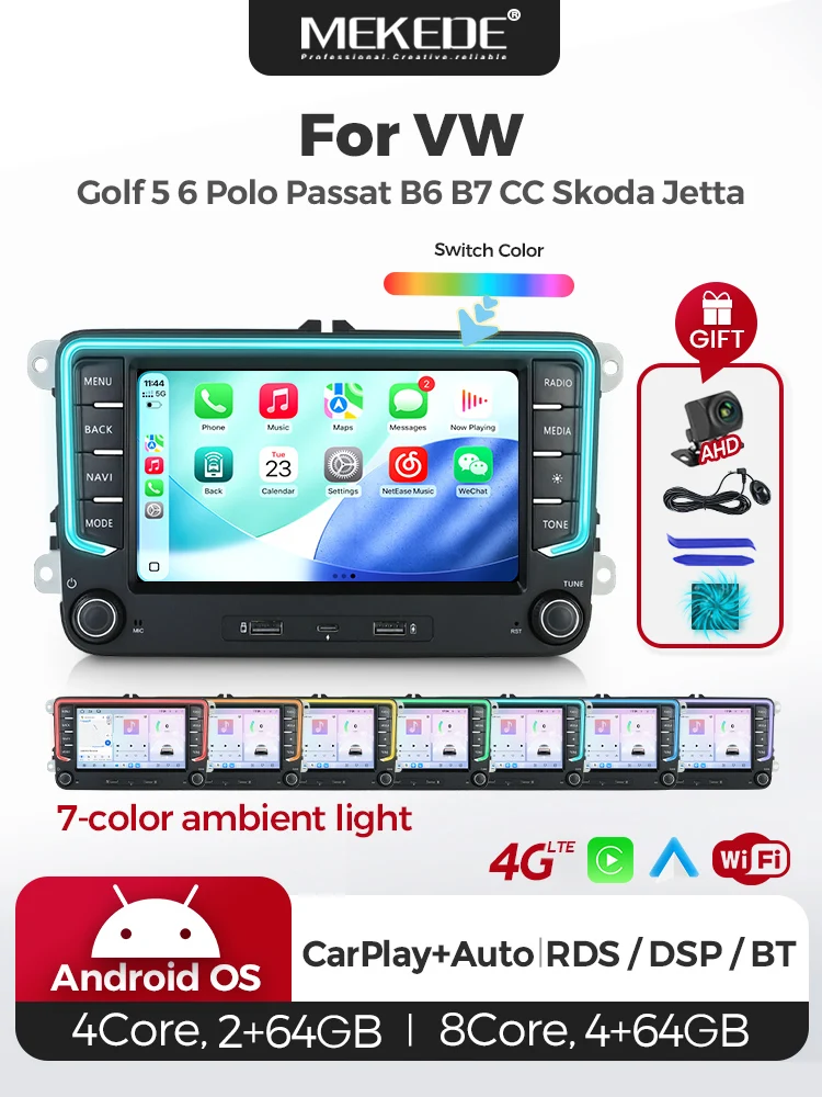 MEKEDE 7" Wireless CarPlay Android Auto Autoradio für Volkswagen VW Golf 5 6 Passat JETTA Skoda Octavia SEAT Polo Jeta Touran Tiguan Caddy Auto Intelligentes System 2din GPS Autoradio