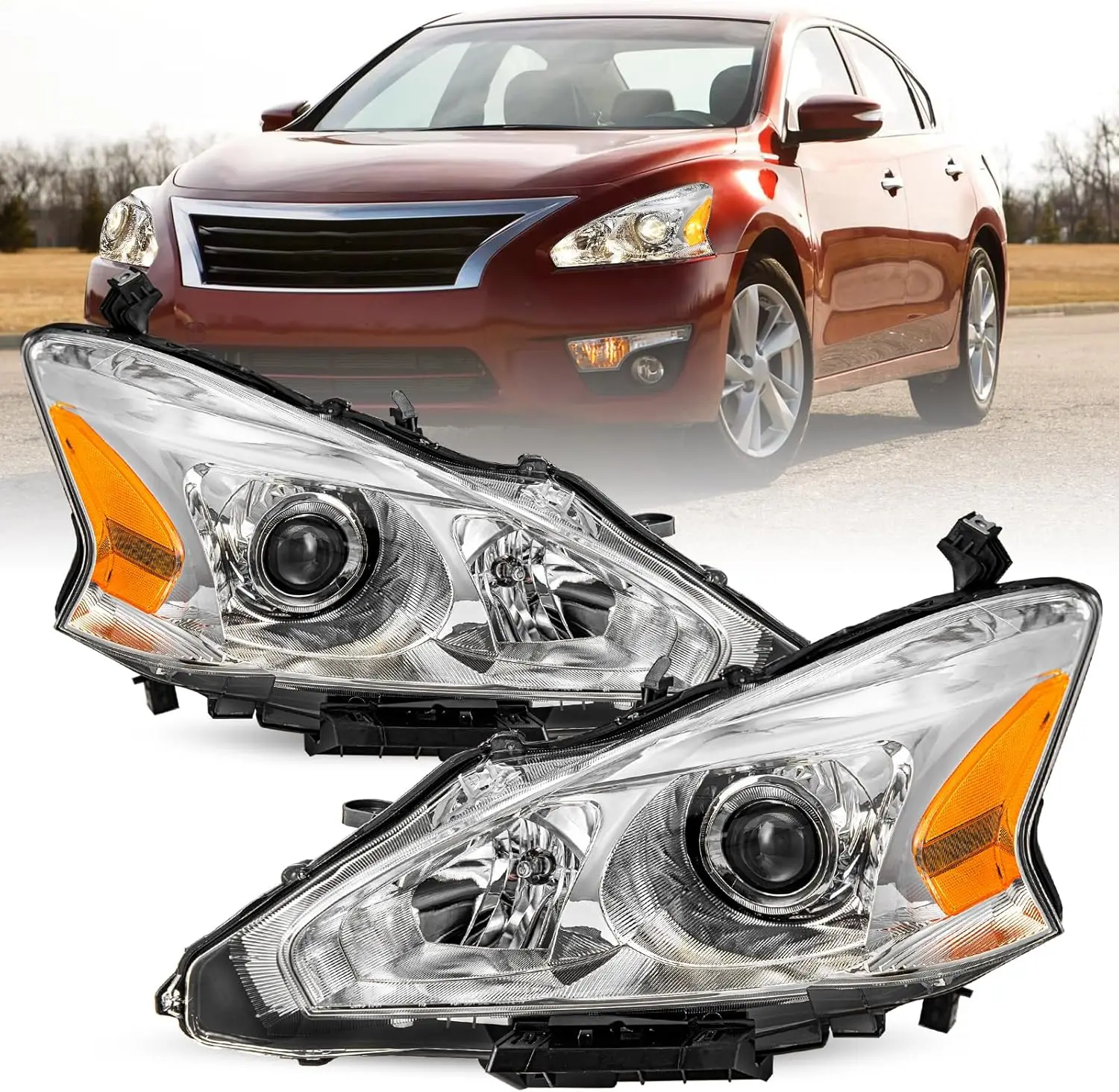 

Headlight Assembly Set for 2013 2014 2015 Nissan Altima 4-Door Sedan Halogen Headlamp Driver and Passenger Side Chorme Housing w