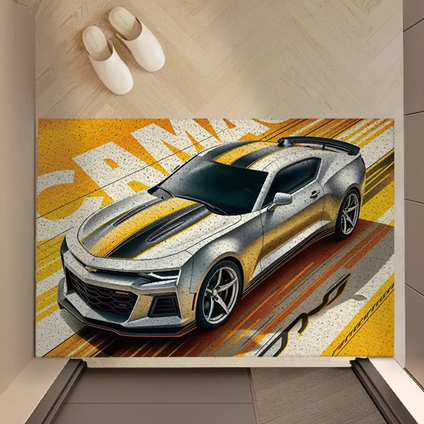 Cartoon Sports Car Print PVC Coil Doormat Non‑Slip Dirt Scraping Cuttable Easy Clean Entrance FloorMat Racing Car Home Decor Rug