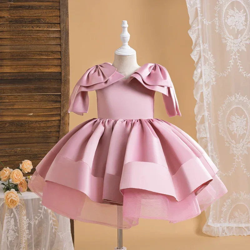 HN8 Fashion Big Bow Girls Party Dress Formal Barbie Pink Wedding Bridemaid Birthday Princess Dresess for Girl Christmas Kids)4Dc