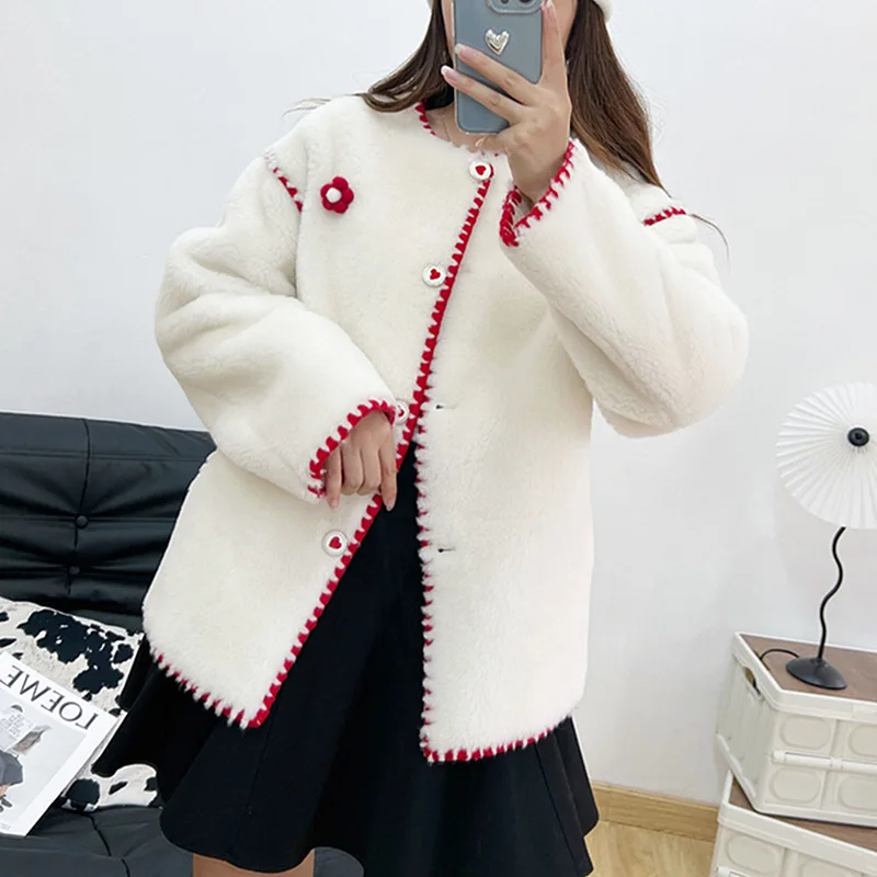 2024 Haining Fur Autumn and Winter New Lamb Wool Coat Women's Granular Wool Sheep Shearing Fur One Piece Women's Young Style