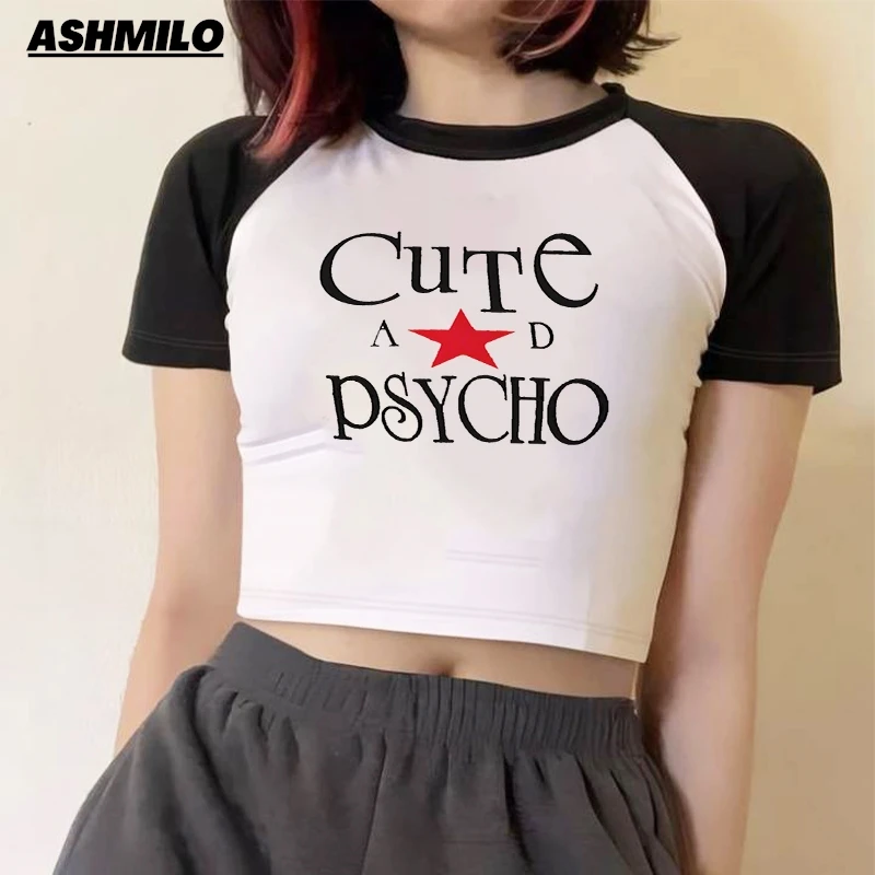 Cute And Psycho Star Girl Y2K Women Crop Top Funny Summer T-Shirt 90s Baby Fashion Cute Letter Print Baby Streetwear