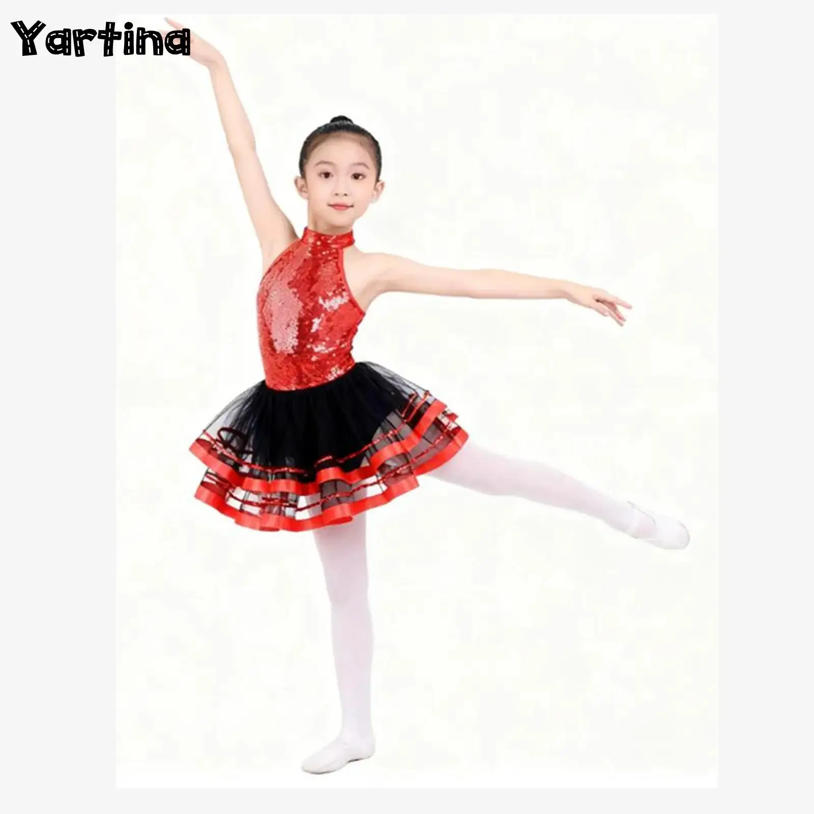 

Kids Girls Sequins Ballet Jersey Costume Gymnastics Leotard Figure Skating Latin Jazz Dance Performance Mesh Tutu Skirted Dress