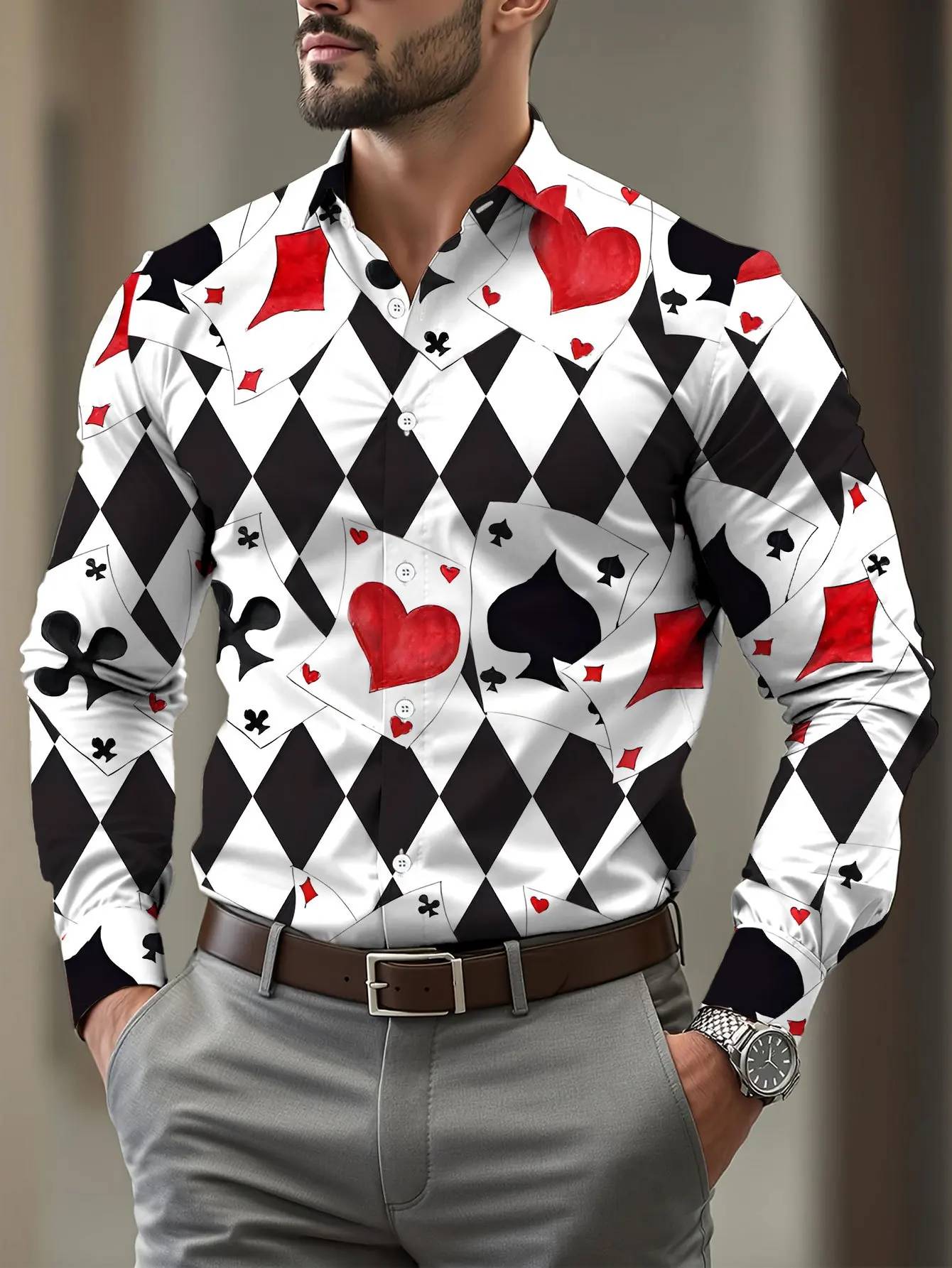Men's Long Sleeve Shirt Poker Card Diamond Heart Print Party Button Down Top Autumn Fashion Casual Men Clothing