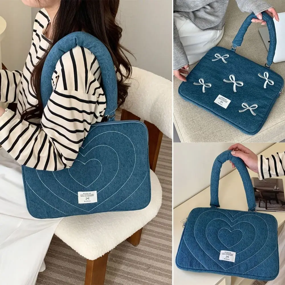 Universal Washed Denim Computer Bag Embroidered Waterproof Portable PC Bag Shockproof Laptop Bag