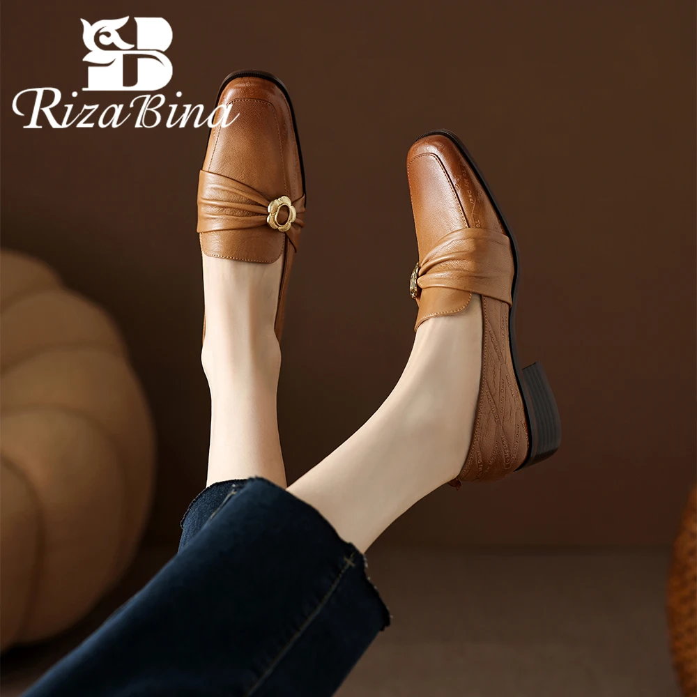 

RIZABINA Women Flats Shoes Real Leather Flower Buckle Design Low Heel Shoes Lady Comfort Slip On Office Casual Footwear Handmade