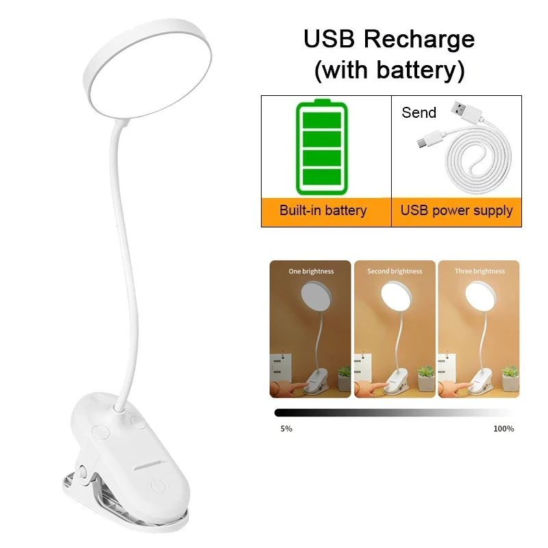 

Настольная лампа USB Перезаряжаемая настольная лампа с зажимом для кровати, ночник для чтения книг, светодиодный сенсорный 3-режимный светильник с затемнением для защиты глаз