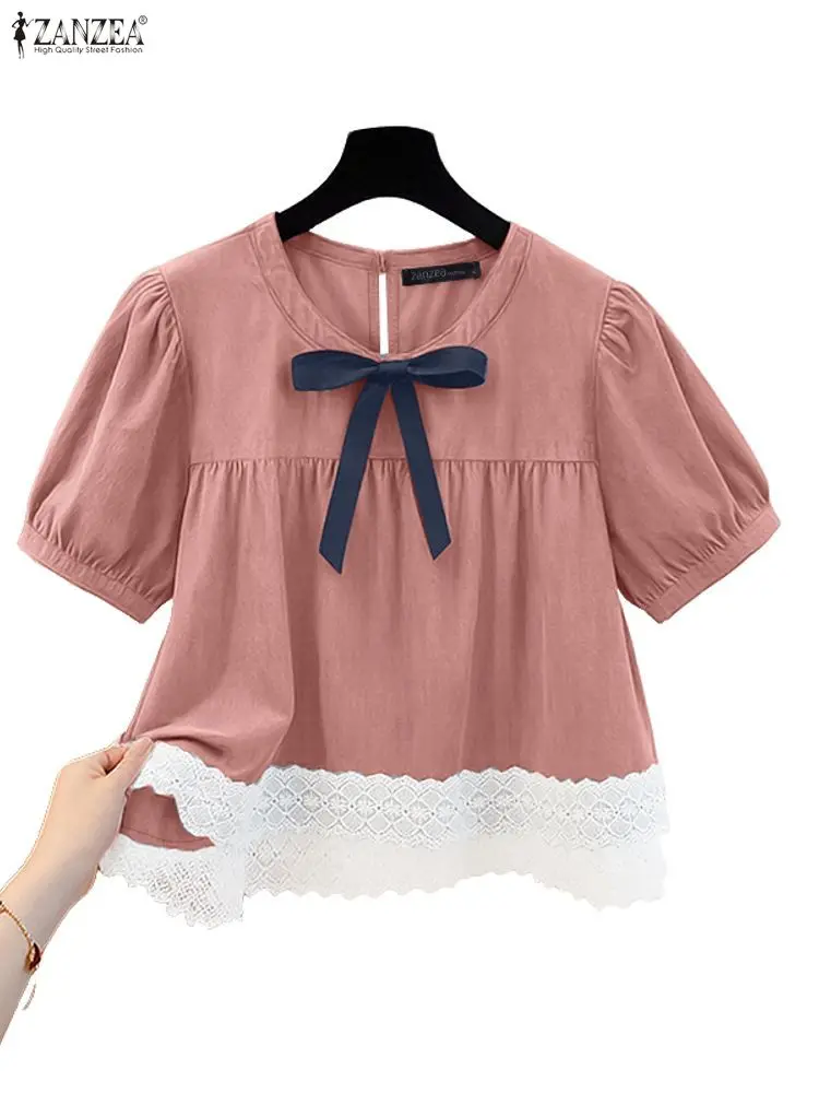

ZANZEA, повседневные кружевные лоскутные женские блузки с бантом, летние джинсовые топы с круглым вырезом и короткими рукавами-фонариками, новинка 2023 года, женская одежда