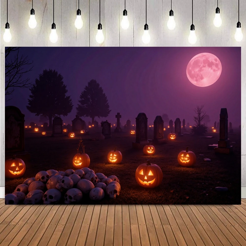 

Halloween Night Skeleton Group Photography Background Bat Cemetery Pumpkin Lantern Horror Party Decor Photo Backdrop Studio Prop