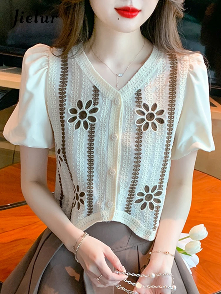 Jielur Lace Bordado Oco Chique Camisa das Mulheres Verão Feitiço Cor Puff Manga O-pescoço Irregular Elegante Moda Camisas Femininas