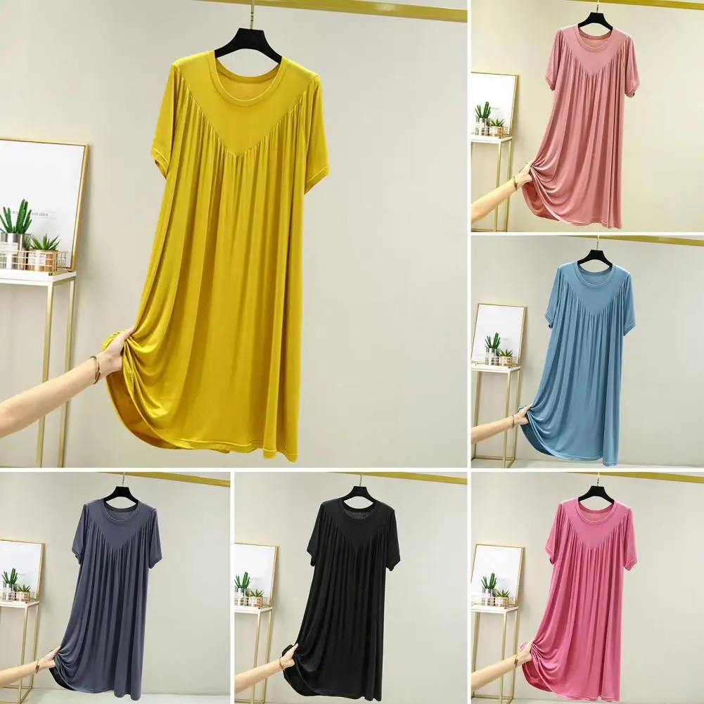 Loose Fit Dress Elegant Knee-length Pleated Summer Dress for Women Solid Color O Neck Short Sleeves Midi Dress Wear Lady's