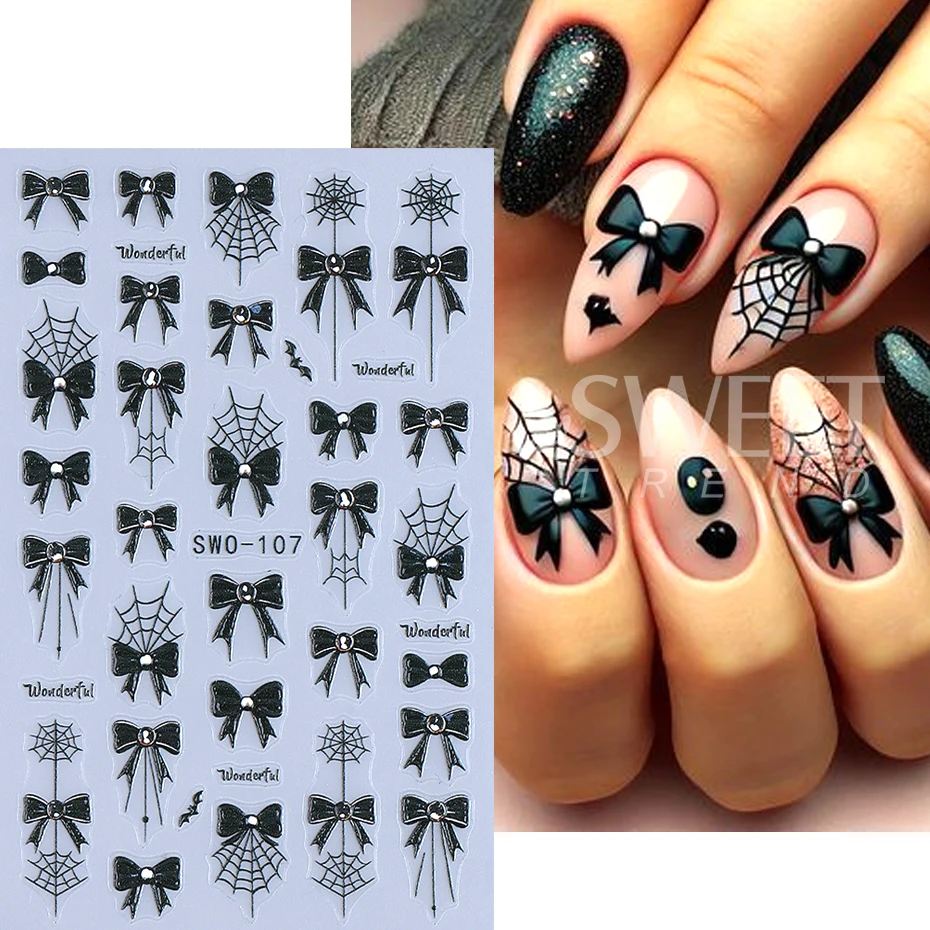Autocollants pour ongles 3D Halloween, citrouille fantôme araignée crâne, nœud fleur chat mignon, décalcomanies adhésives coulissantes, décor de manucure, 1/3 pièces