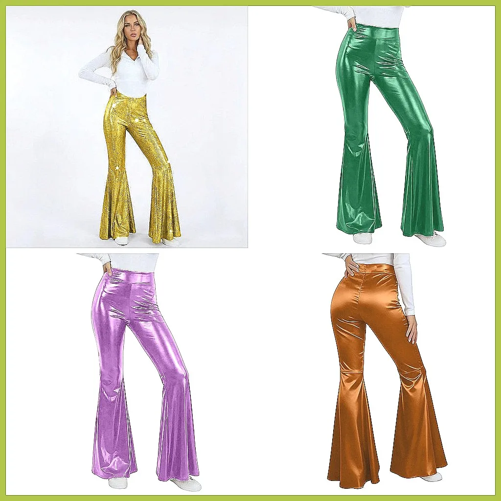 

Women's High Waisted Shiny Metallic Flared Pants, Stretchy Bell Bottom Wide Leg Trousers for Carnival
