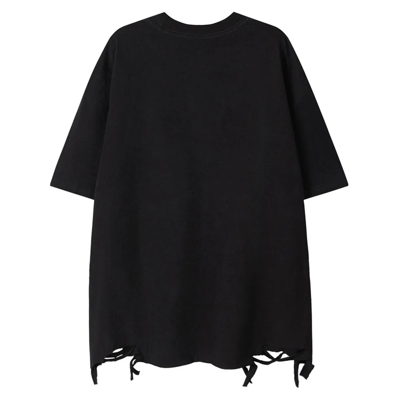 Vintage Hip Hop Rock Tee Men‘s Ripped Hem T-Shirt Grunge Oversized Streetwear T Shirt