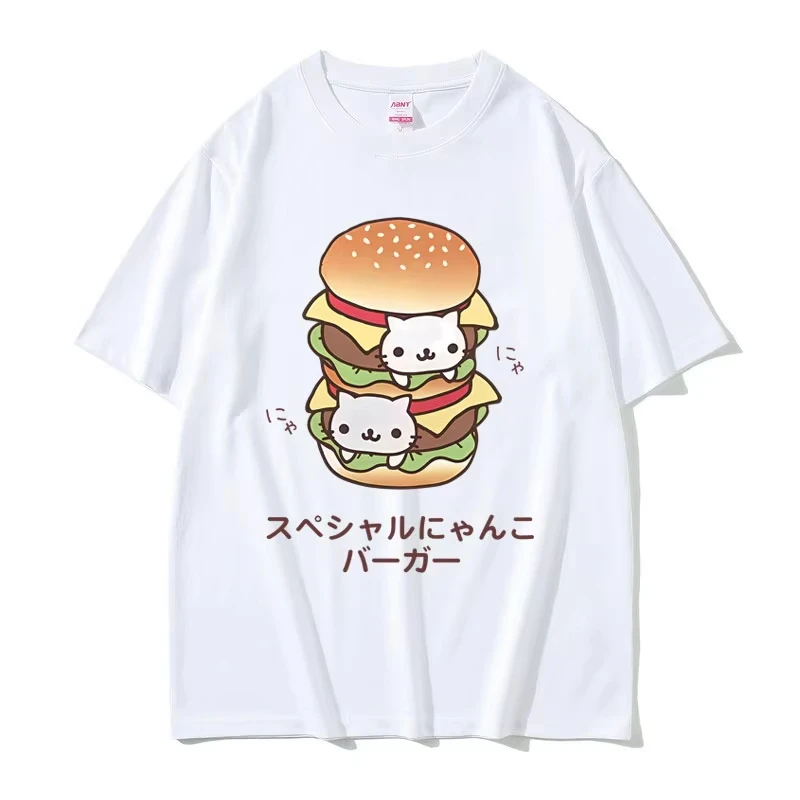 Nyan Nyan Nyanko Cat Double Hamburger Funny Meme T-shirt Men Women Fashion Oversized T Shirts Male Casual Cotton Crewneck Tshirt