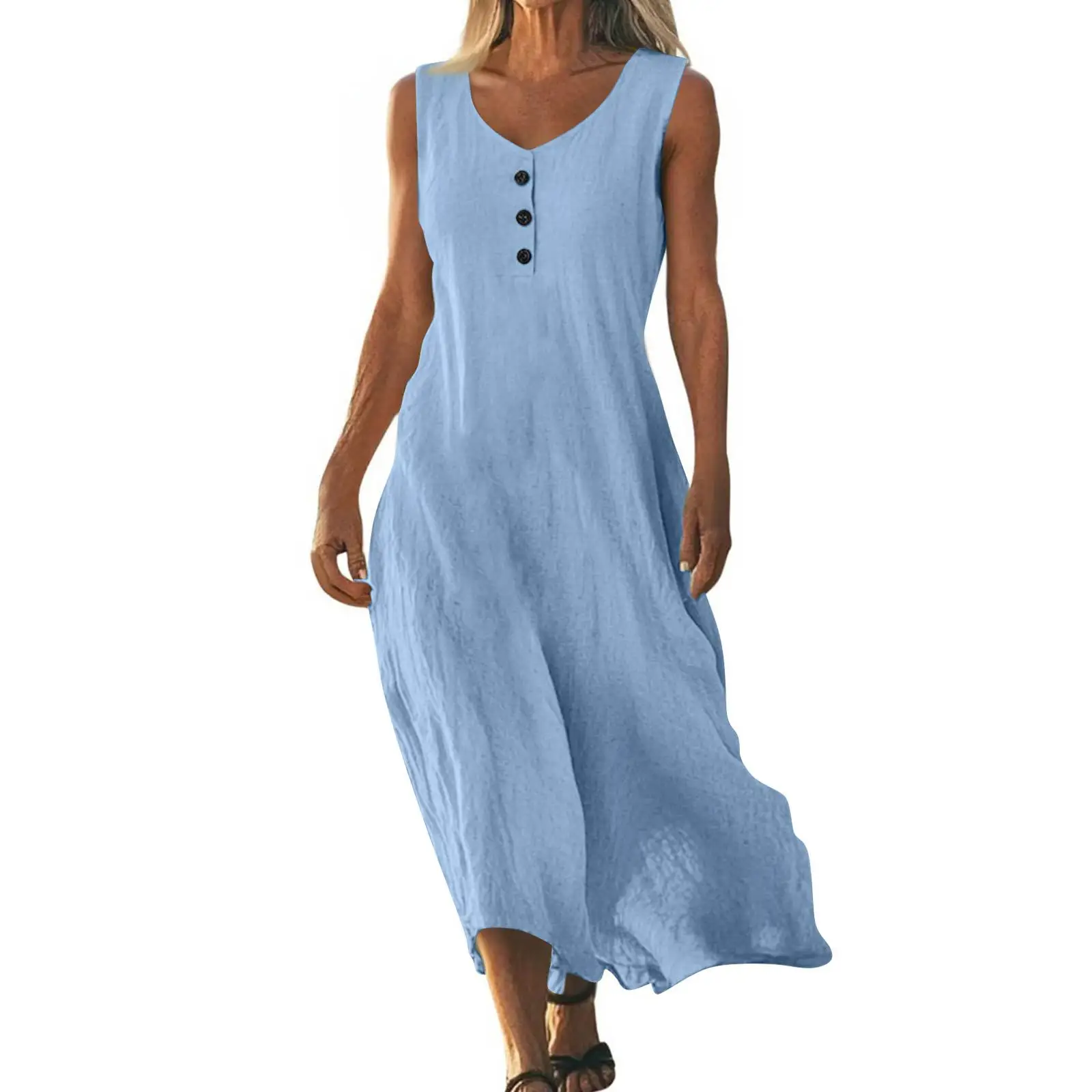 

Abiti Da Cerimonia Buttoned Round Neck Sleeveless Irregular Long Dress Women Summer New Solid Color Casual Commuting Daily Dress