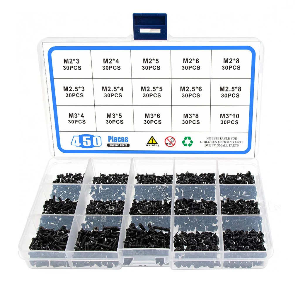 500/450/240PCS Carbon Steel Screws Flat Head Phillips Machine Laptop Notebook Set Kit Computer Small Black Bolts M2 M2.5 M3
