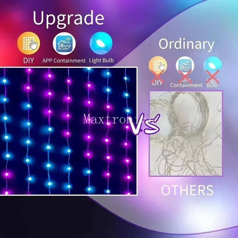 5V 1.6*1.6M Smart WS2812B LED Window Curtain Light RGBIC APP Control USB for Holiday Bedroom Party Decor Dream Color Fairy Light